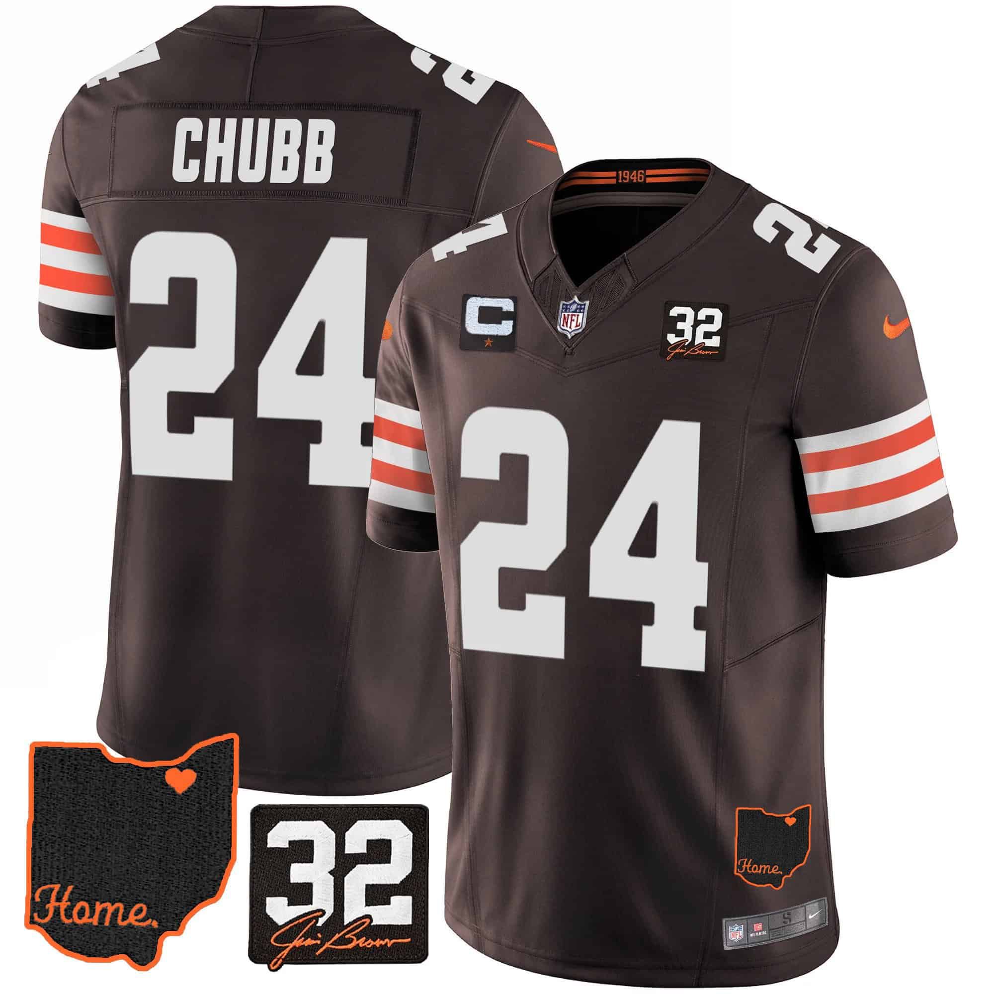 Men Cleveland Browns #24 Chubb Brown Memorial Home Patch 2024 Nike NFL Jersey style 1